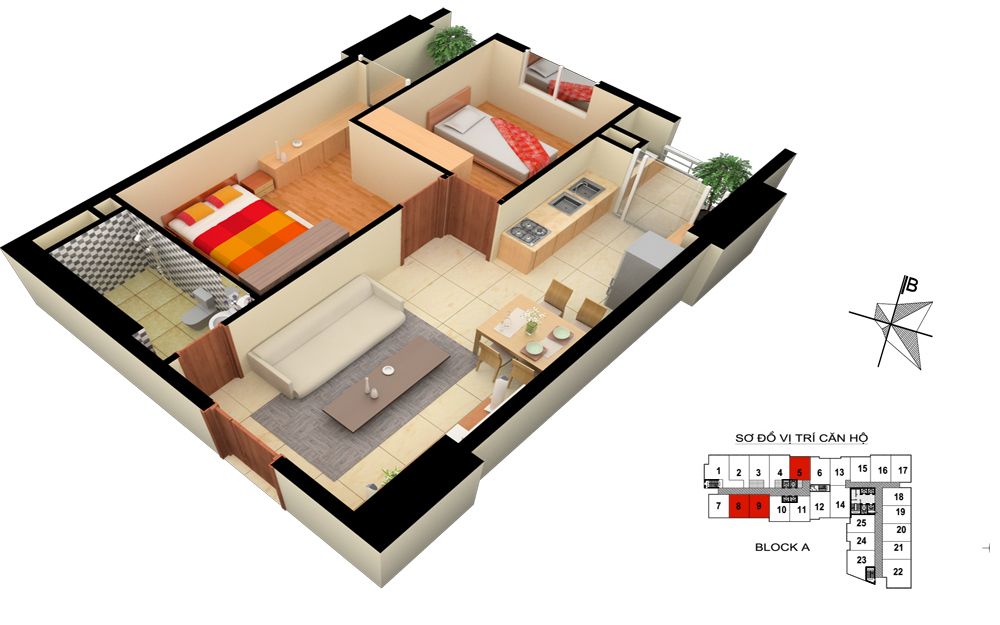 Mặt bằng căn hộ số 5 – 8 – 9 Tòa A  2 phòng ngủ