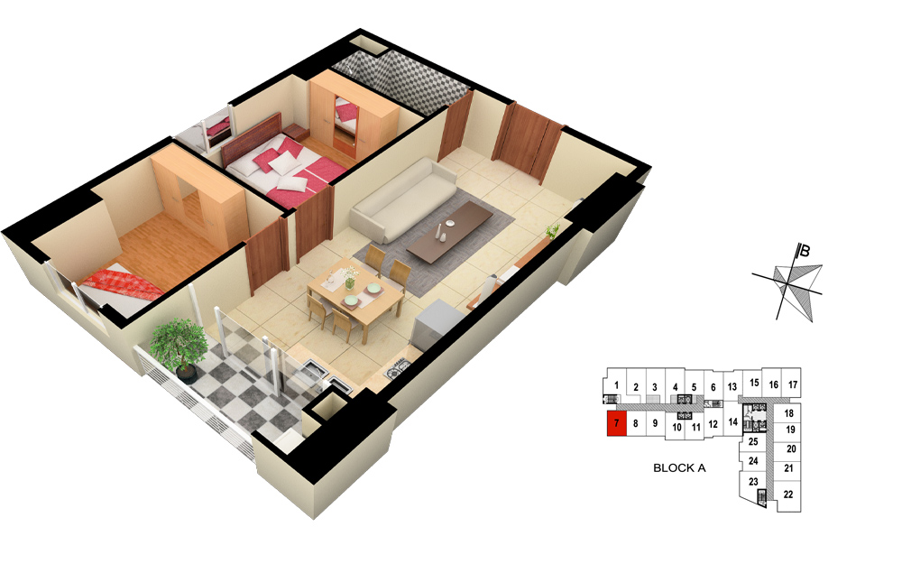 Mặt bằng căn hộ số 7 Tòa A 2 phòng ngủ