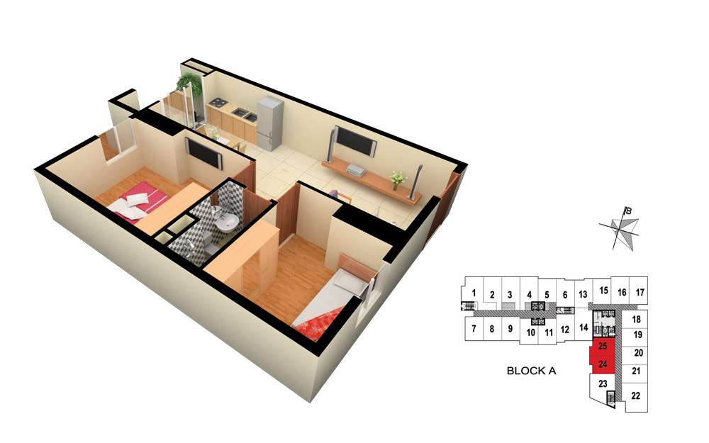  căn hộ số 24 – 25 Tòa A 2 phòng ngủ